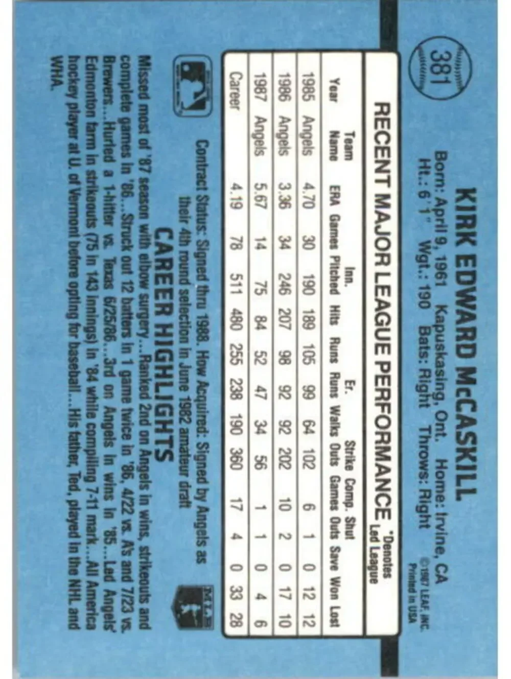 1988 Kirk McCaskill Donruss Baseball Card #381
